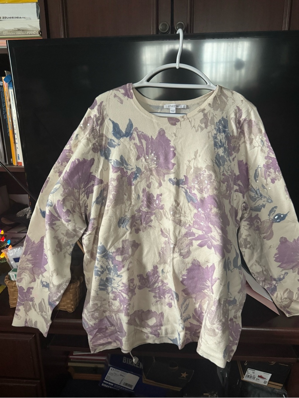 Chico's Cream Floral Crewneck with Lavender & Blue Blooms